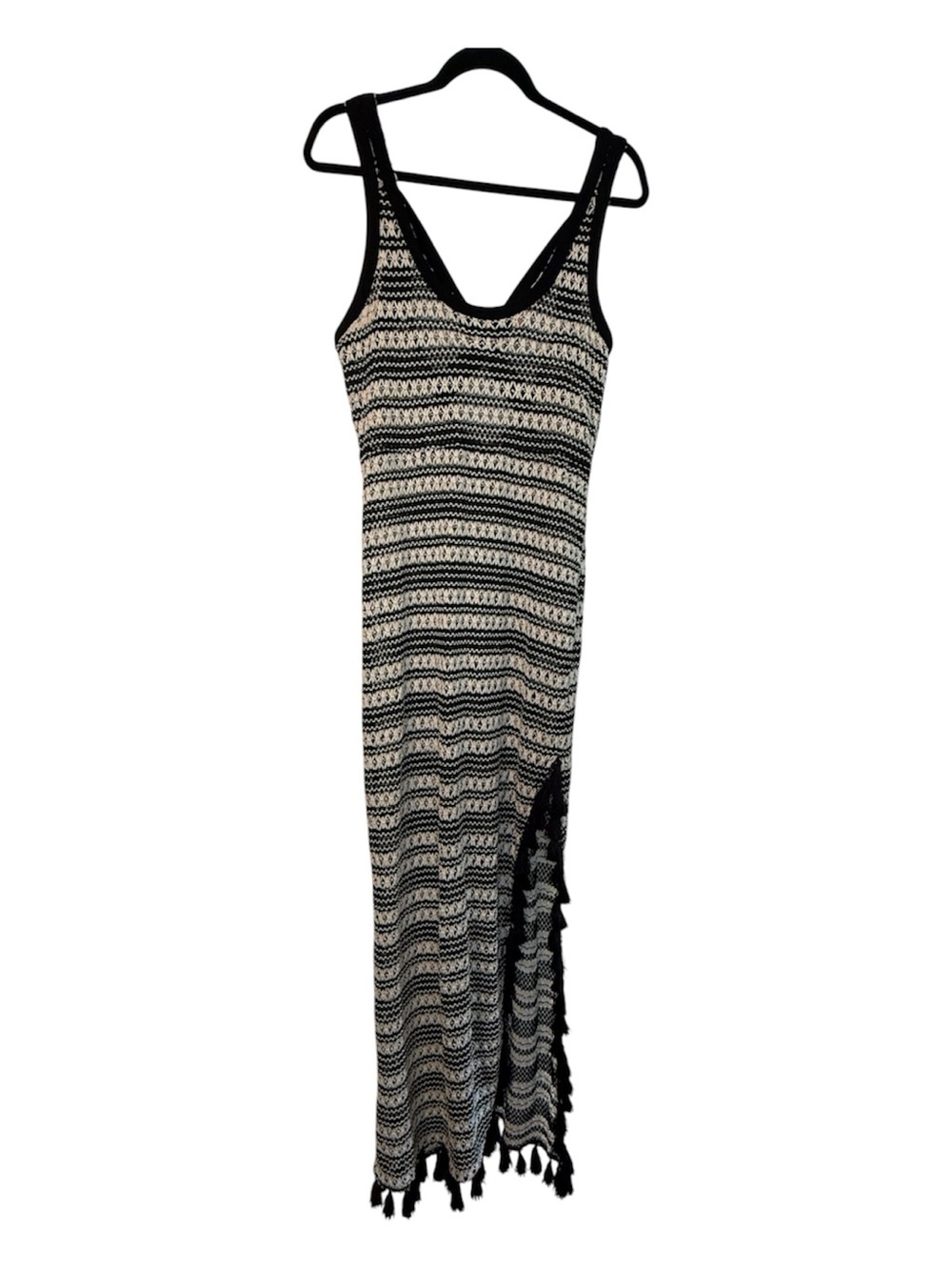 Black and Cream Striped Maxi Dress/Cover Up with Tassel Side Slit